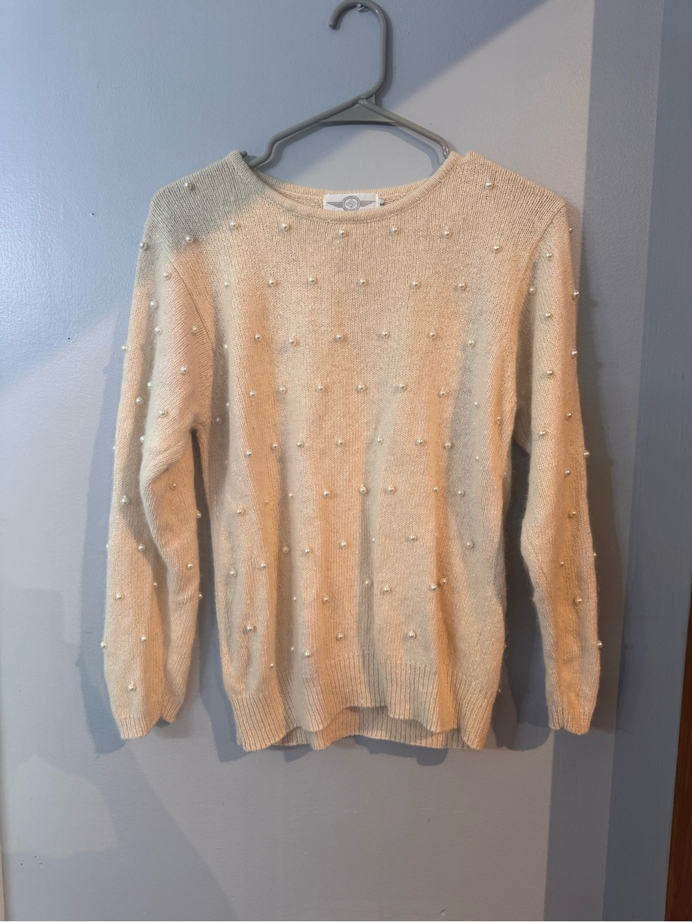 Vintage 80s Pearl Beaded Knit Sweater Medium Silk Angora Lambswool Blend Cream
